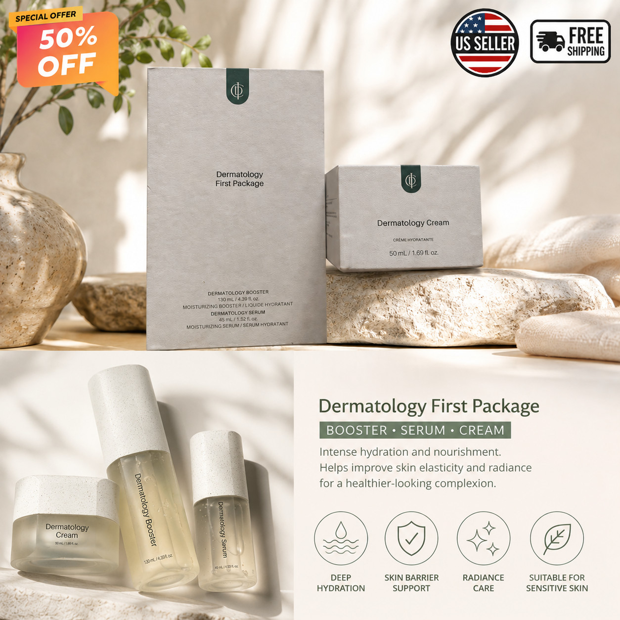 NEW Incellderm Dermatology First Package EX 3 Set Booster Serum Active Cream USA