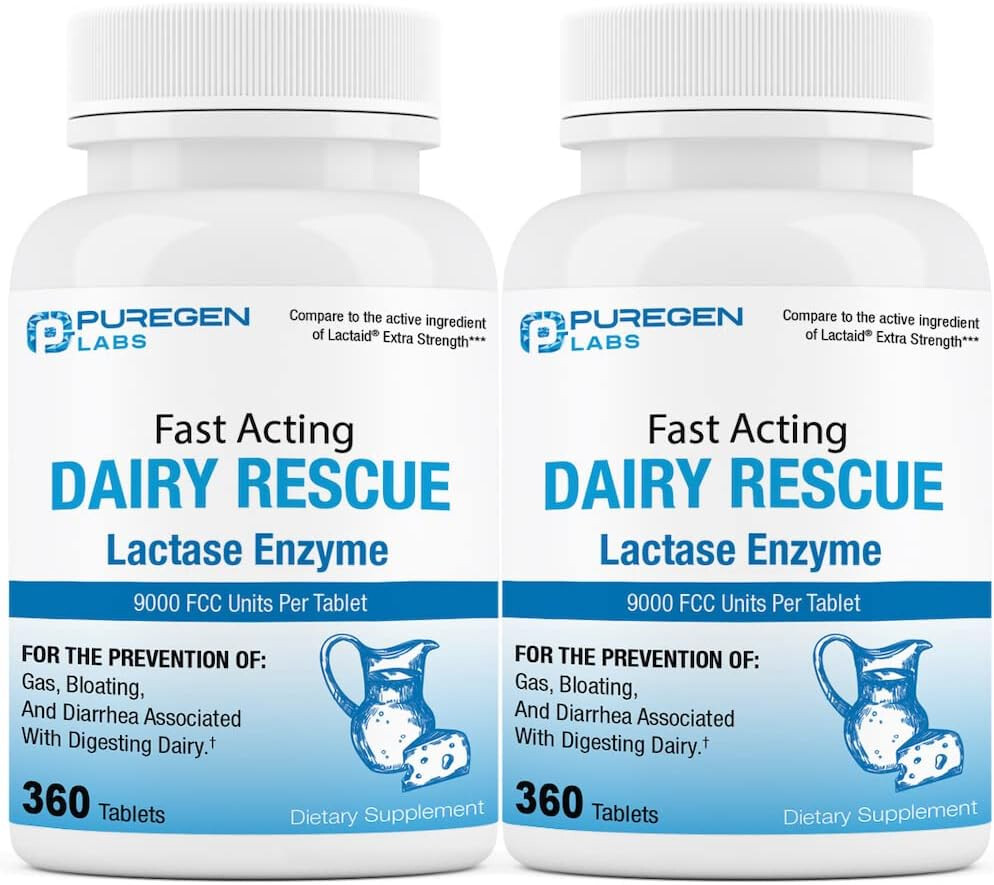 Puregen Labs Dairy Rescue Fast Acting Lactase Enzyme 9000 FCC 360 Tablets 2Pk