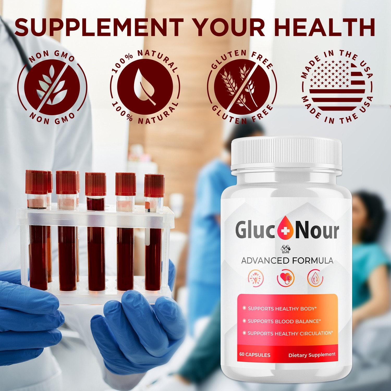 (5 Pack) Gluco Nour Advanced Support Blood Supplement GlucoNour 300 Capsules