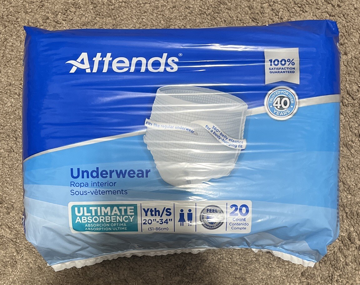 Attends Underwear Youth Small 20”-34” Ultimate Absorbency Unisex, 20 Count