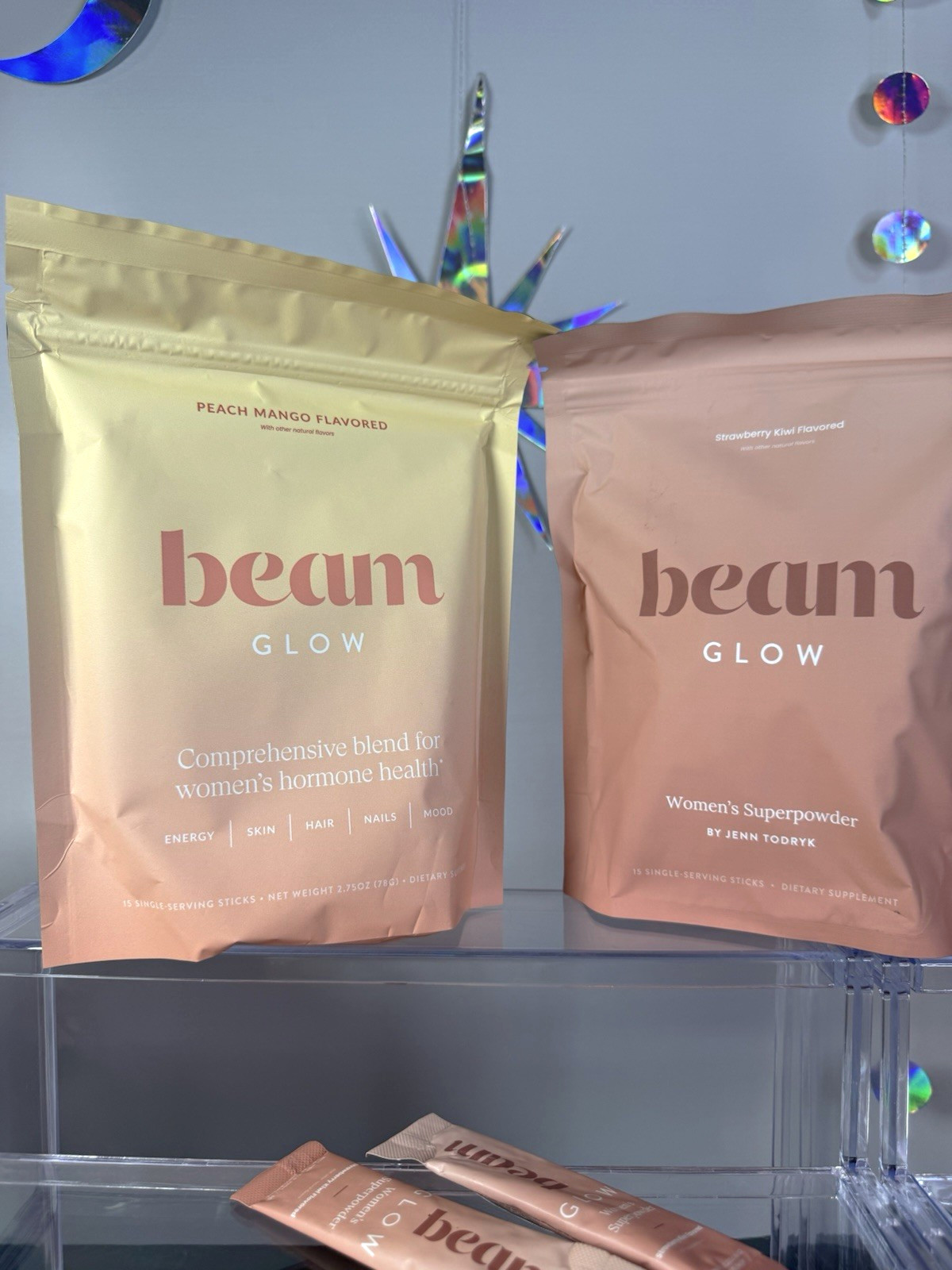 beam GLOW 2 pack Women’s Health Supplement Powder Peach 15 Sticks strawberry
