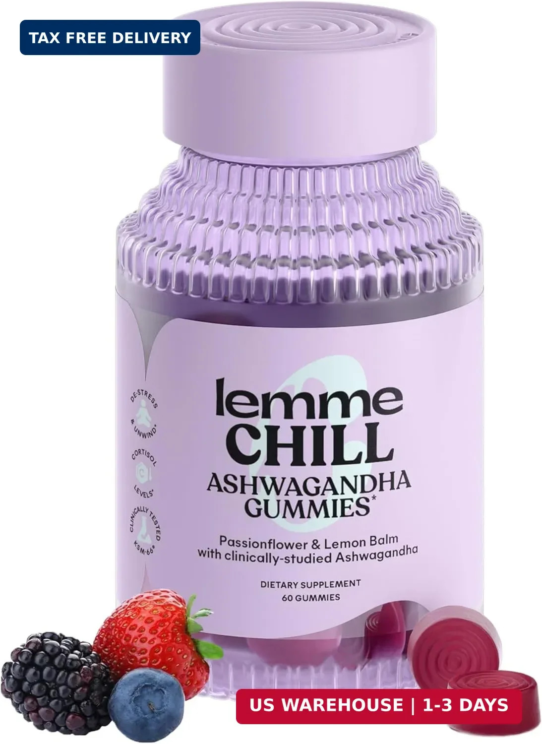 Lemme Chill Stress Relief Gummies with 300mg KSM-66 Ashwagandha, Lemon Balm, Pas