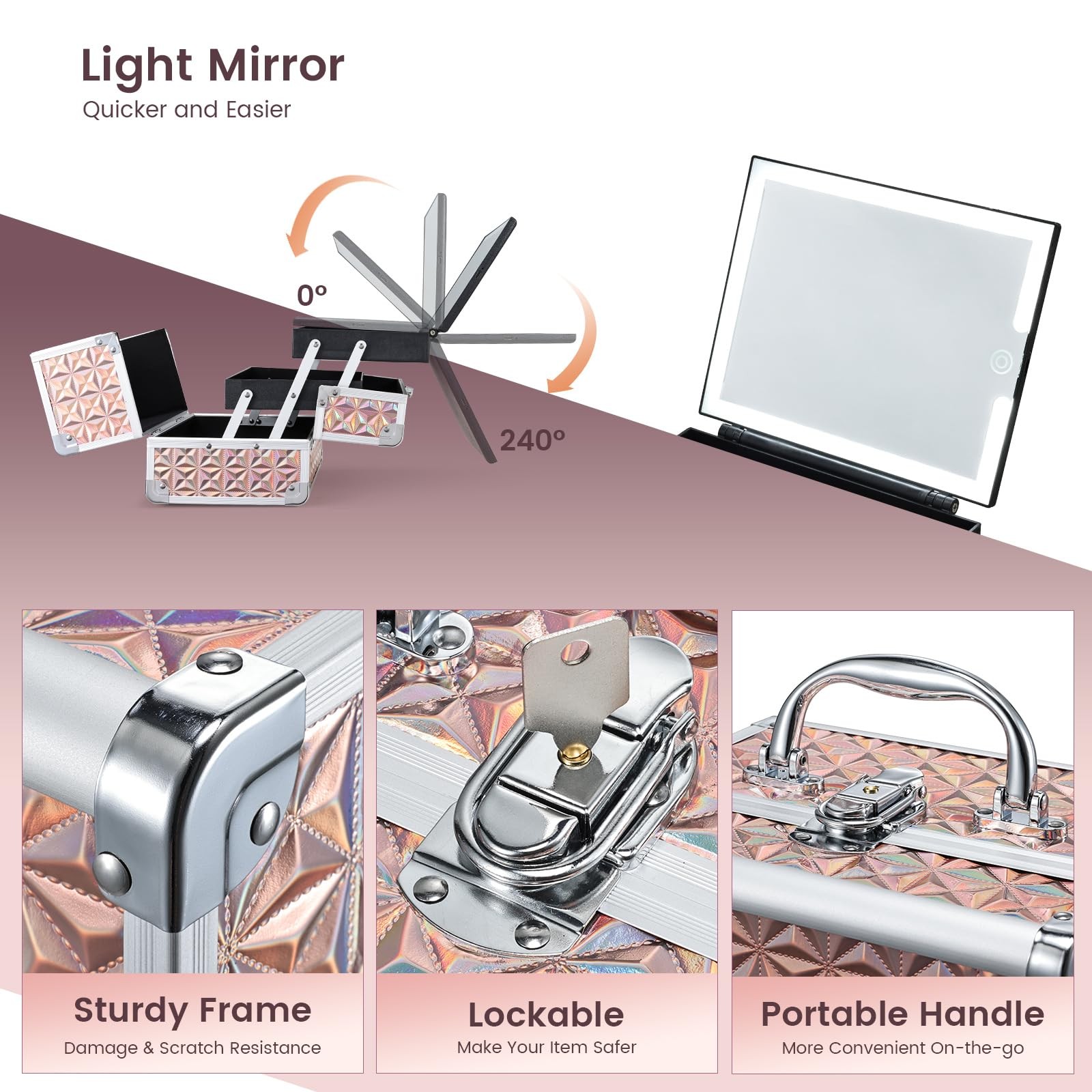 Faquenc Makeup Case with Lighted Mirror Shiny Gold Hard Makeup Train Case wi…