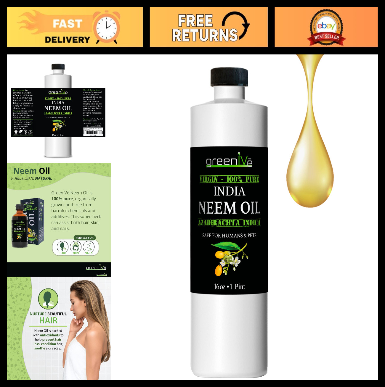 100% Pure Cold-Pressed Neem Oil – Organic, Natural, 16 oz for Gardening, Skin &