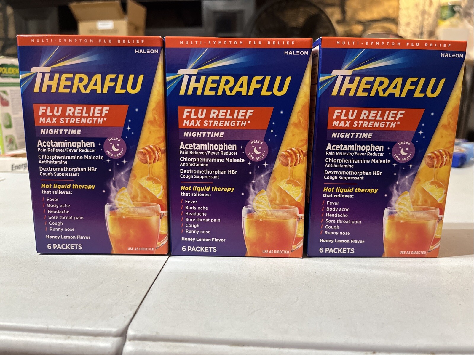Theraflu (3 PK) Max Strength Nighttime Flu Relief, Honey Lemon, 6 Pk Ea Exp 4/26