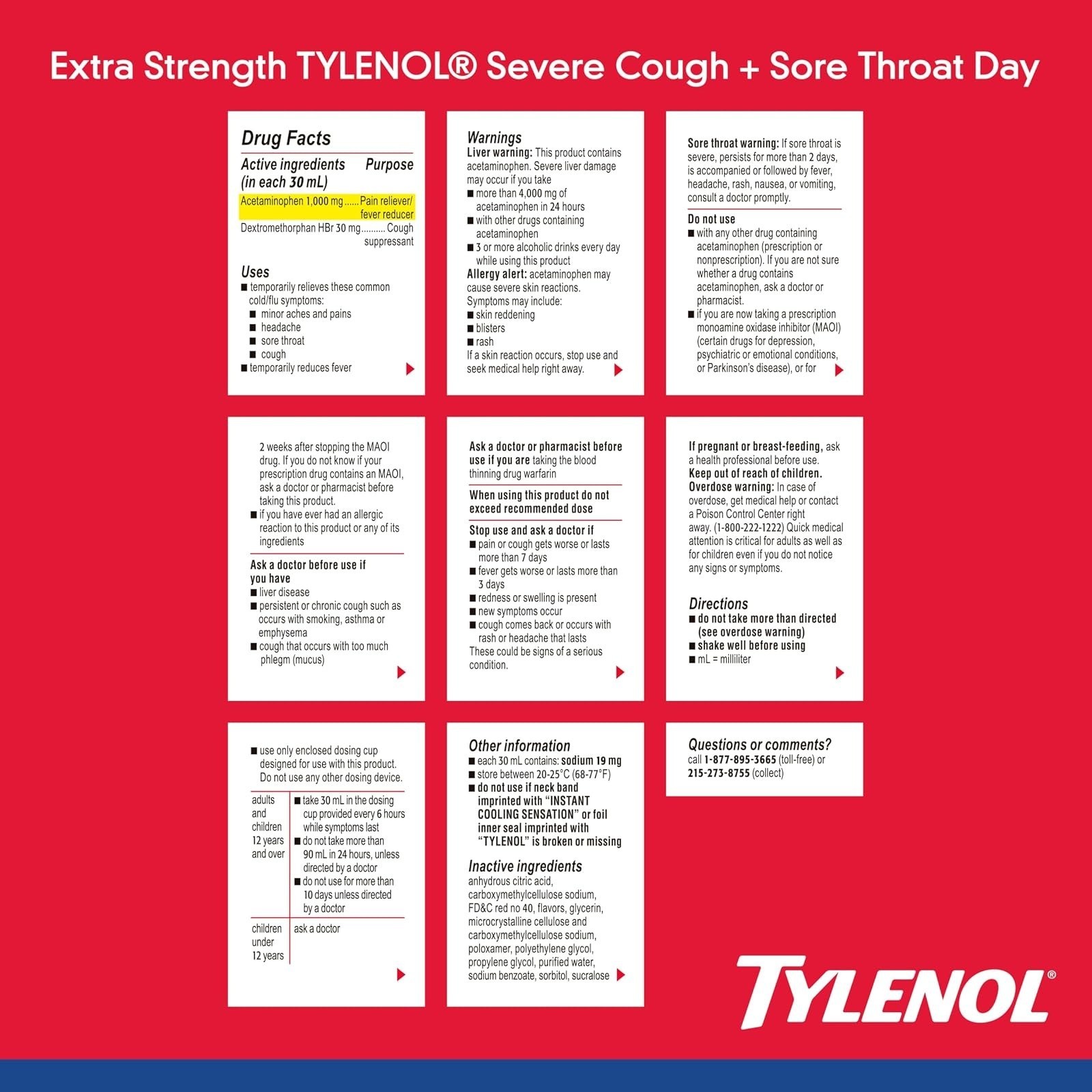 Tylenol Extra Strength Cold + Flu Liquid, 8 fl oz, Cherry Flavor