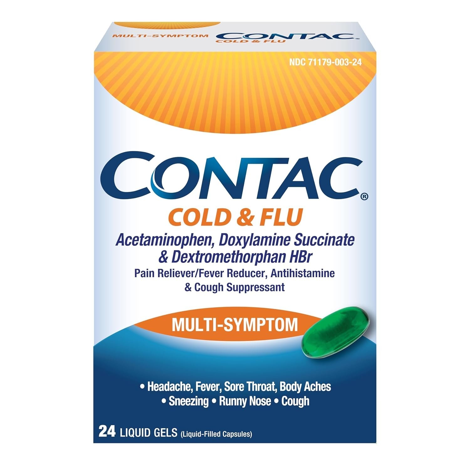 Contac Cold & Flu Sore Throat, Pain, Fever, Runny Nose & Cough, 24 Gelcaps