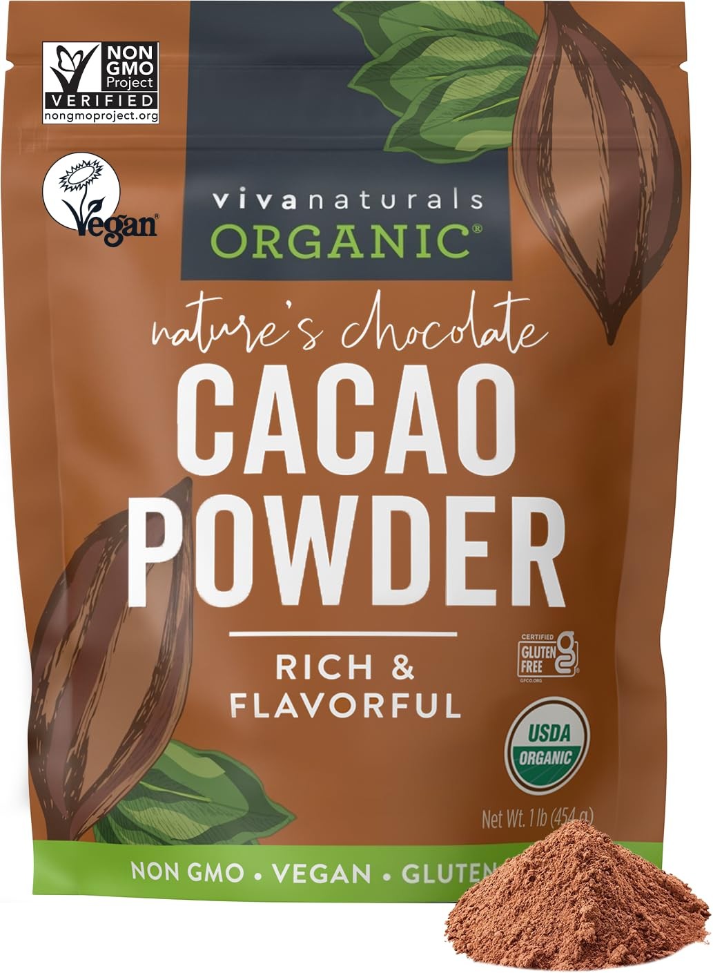 Organic Cacao Powder Unsweetened 1 lb 454 g Rich Dark Chocolate Flavor