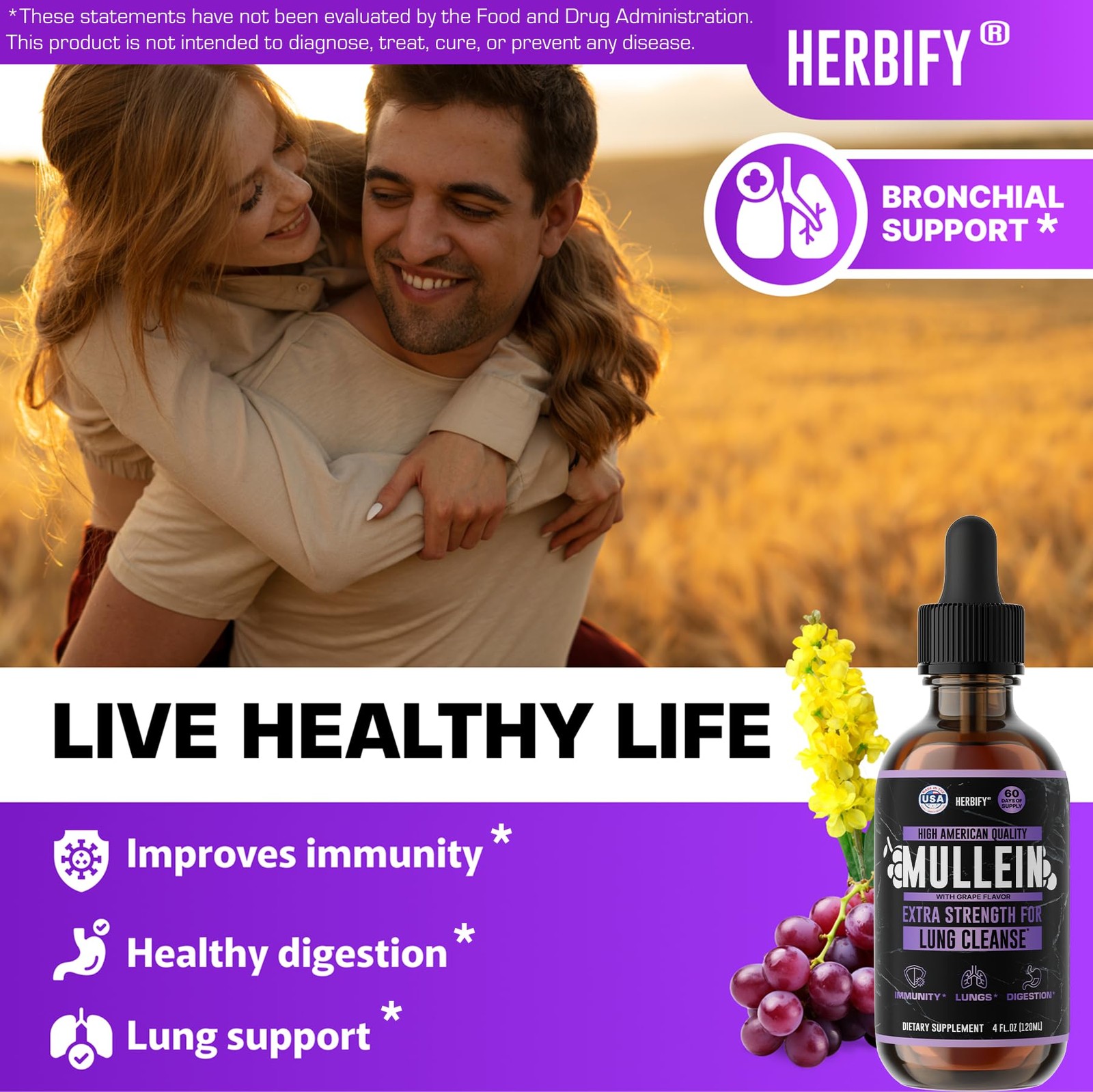HERBIFY Mullein Drops – Lung Cleanse – Leaf Extract – Powerful Mullein for Im…