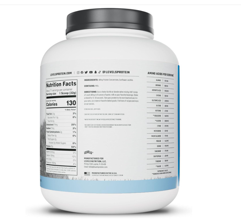 Levels Grass Fed Whey Protein Unflavored 5lb 25g Protein