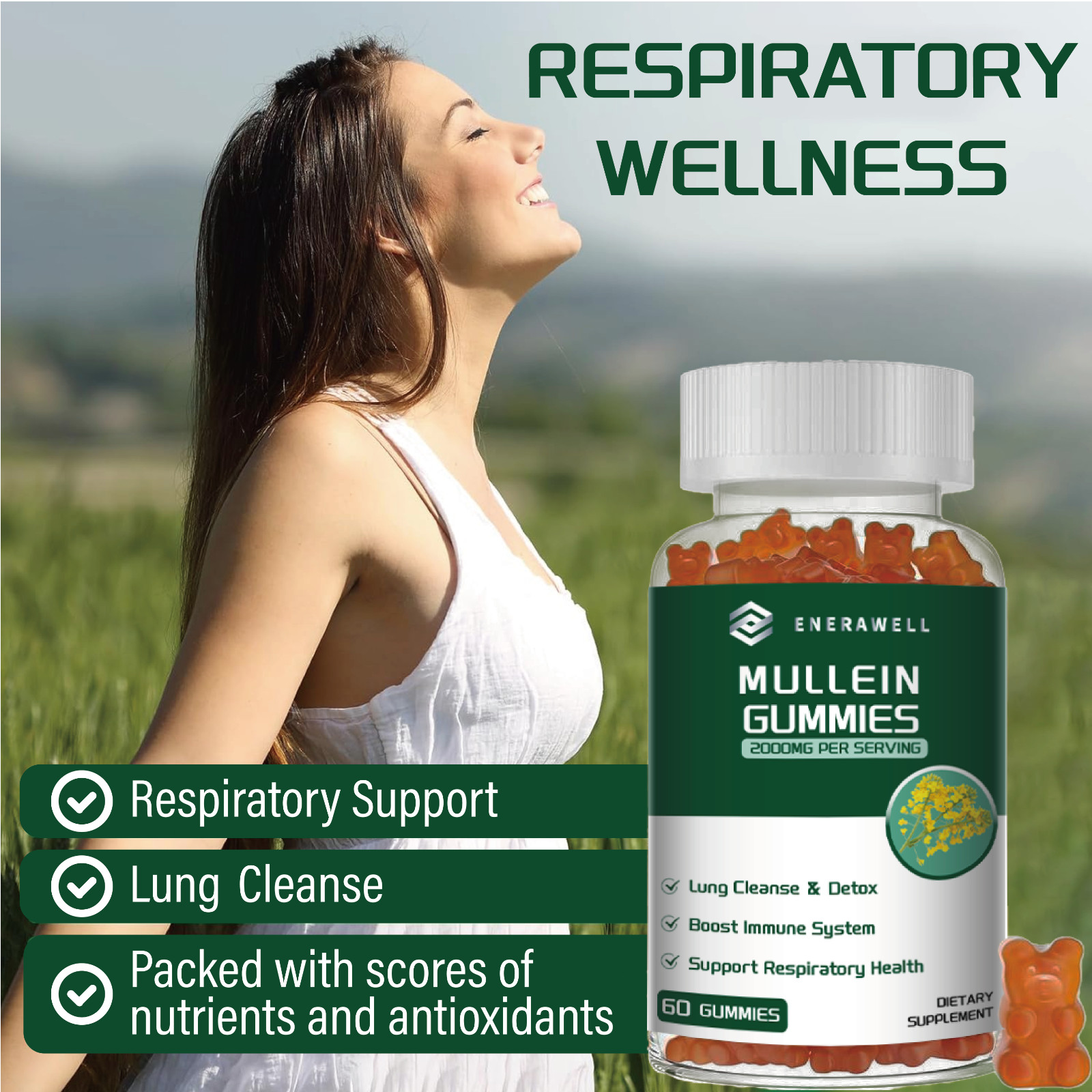 Mullein Chewable Gummies for Lung Cleanse & Detox, Respiratory Health 02/07/2027