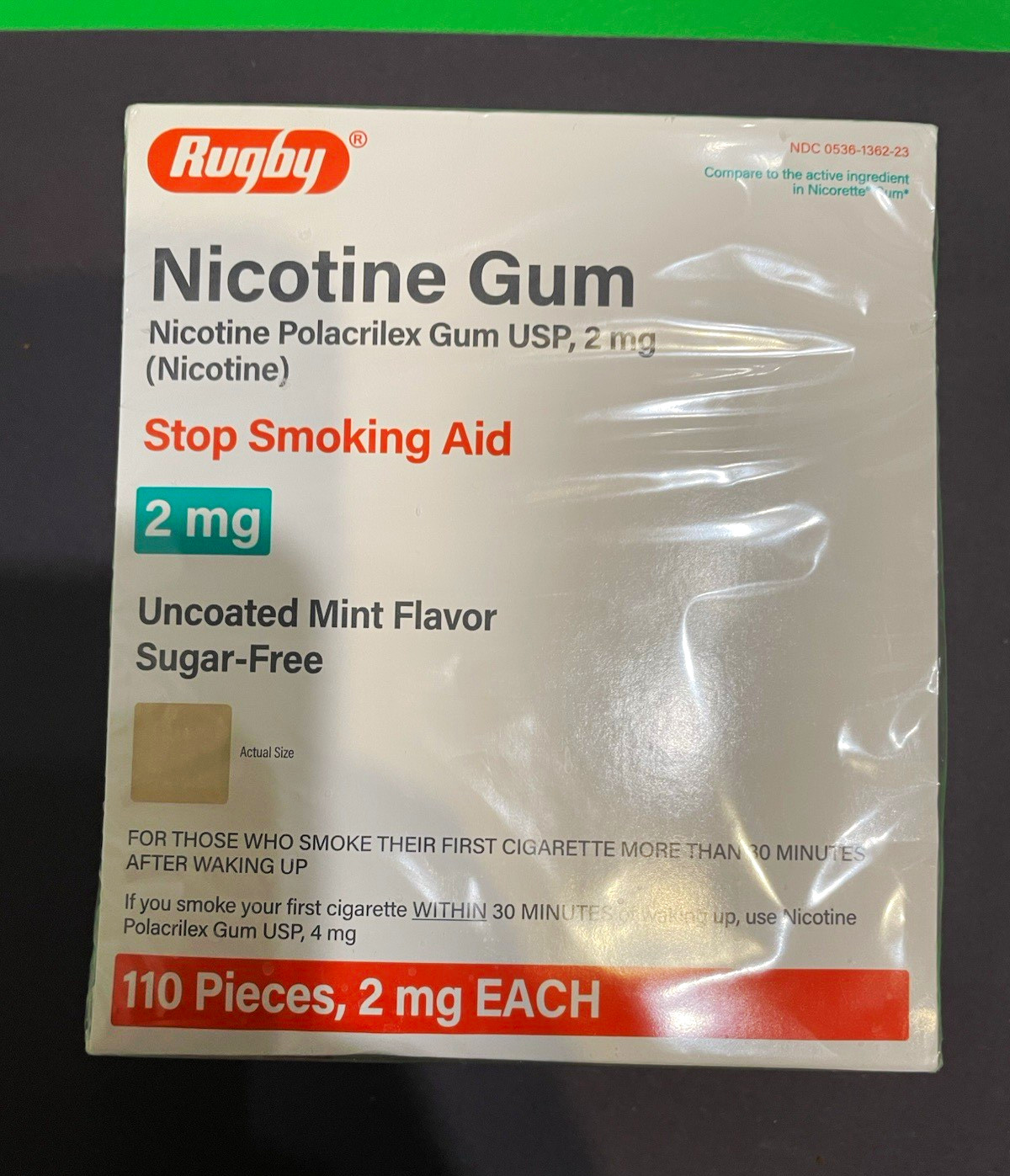 Rugby Nicotine Gum 2 mg Mint Flavor Sugar-Free Stop Smoking Aid 110 Pieces