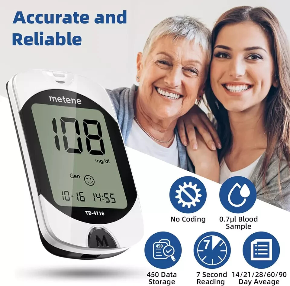 NEW Metene TD-4116 Blood Glucose Monitor/ 100 Strips 100 Lancets / Complete 2026