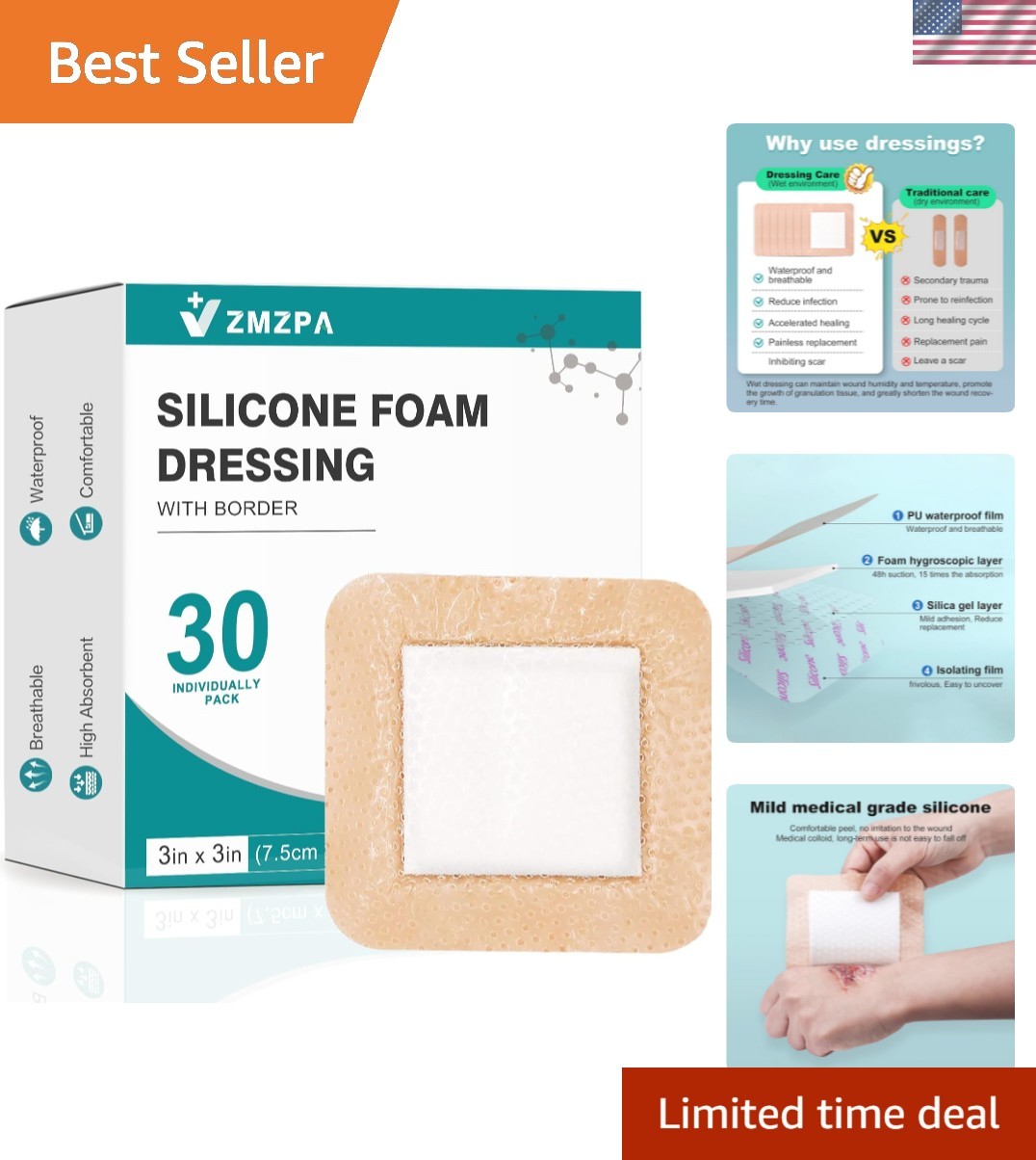 Silicone Foam Dressing 3×3 Gentle Border, Super Absorbent Wound Dressing, Bed…