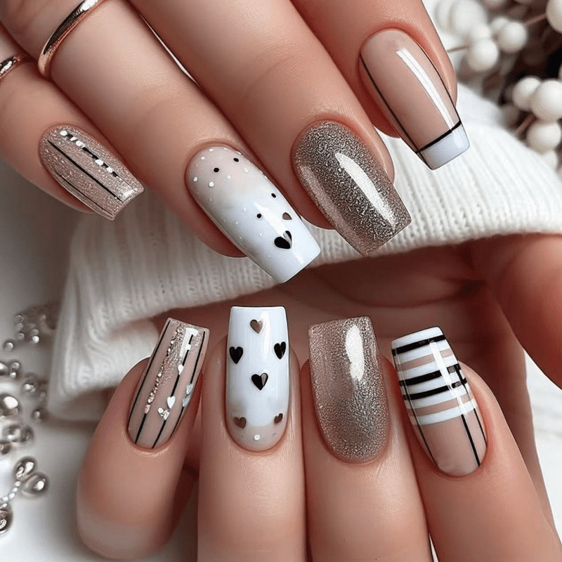 48pcs Medium Square Nude Silver Glitter Stripe Heart Minimalist Press on Nails