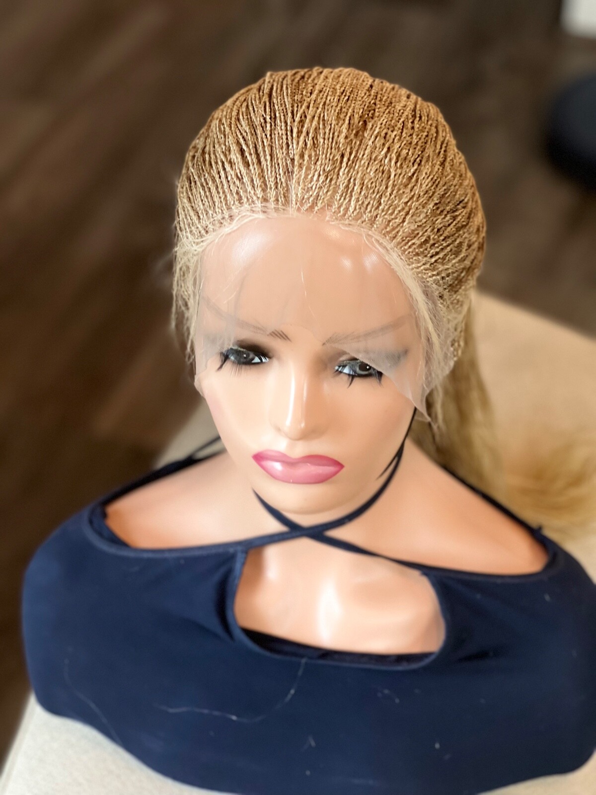 BRAIDED MICRO TWIST WIG . Made on a full lace wig.length is 26 Golden blonde.