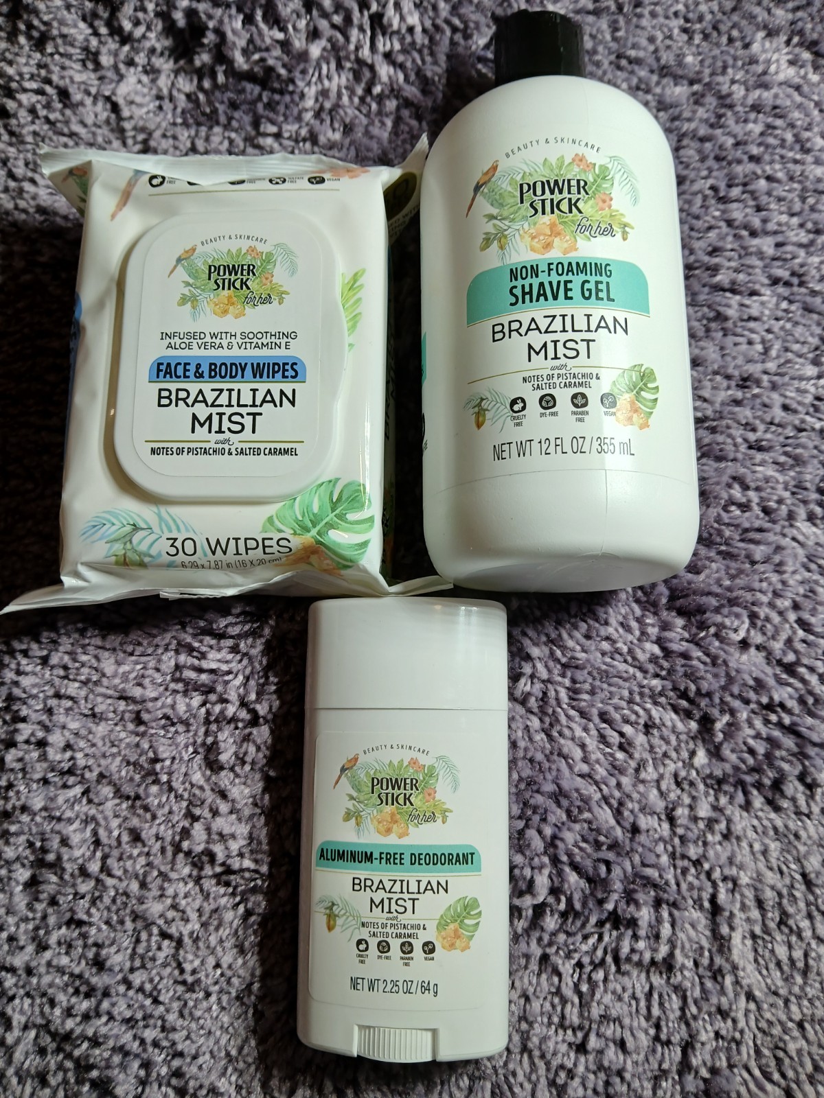 Power Stick Brazilian Mist Bundle , Shave Gel, Wipes And Deodorant.