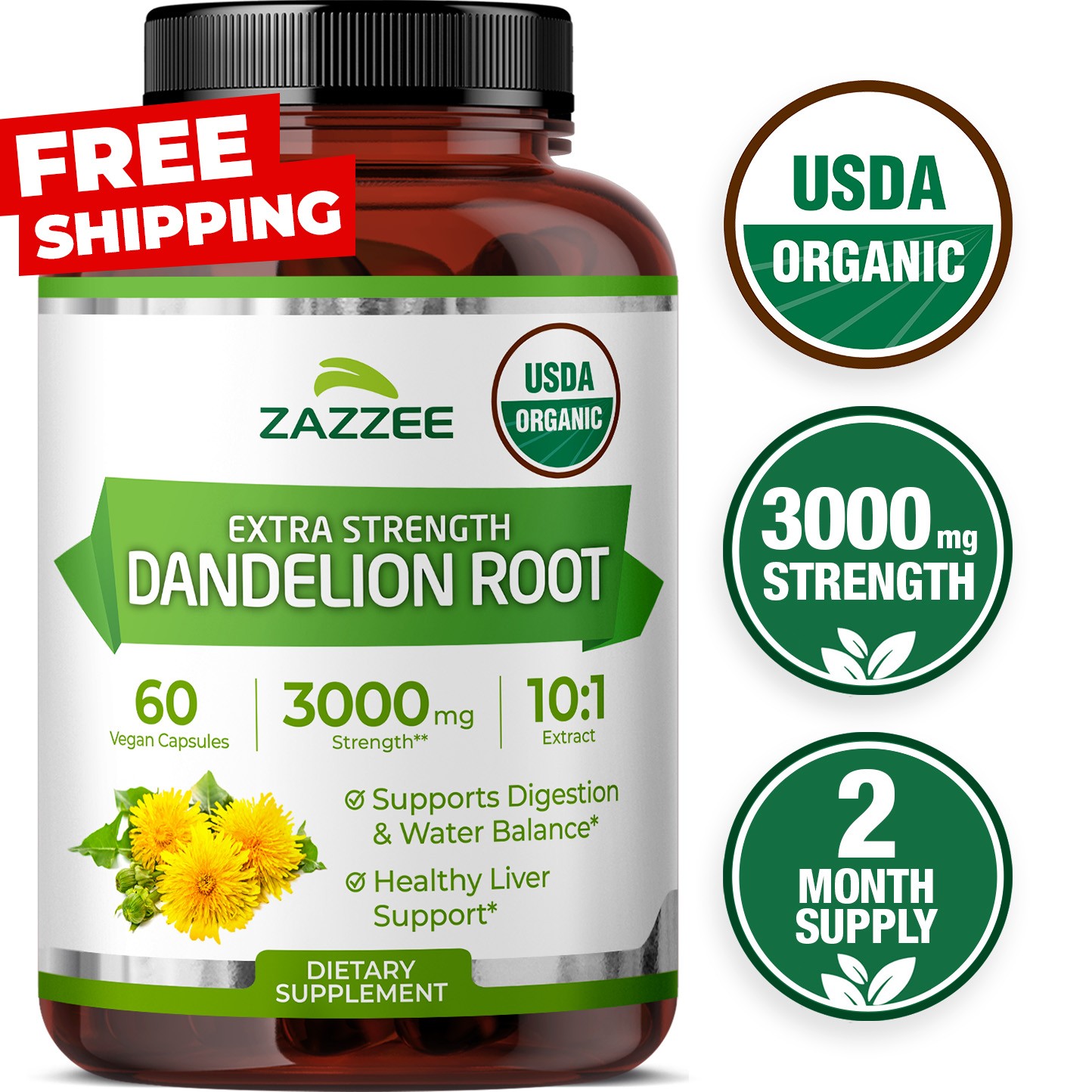 Zazzee USDA Organic Dandelion Root 10:1 Extract, 3000 mg Strength, 60 Capsules