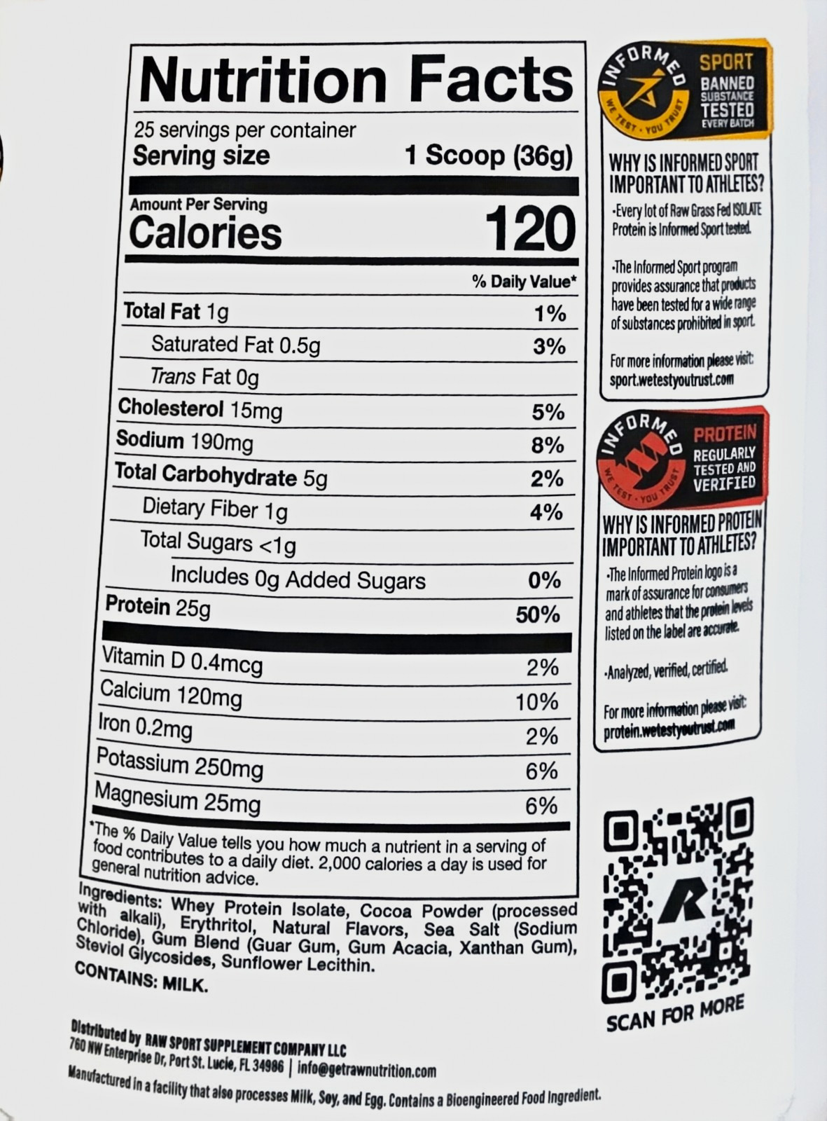 RAW Nutrition Grass-Fed Whey Isolate Protein Powder Chocolate 2 lb 25 Servings