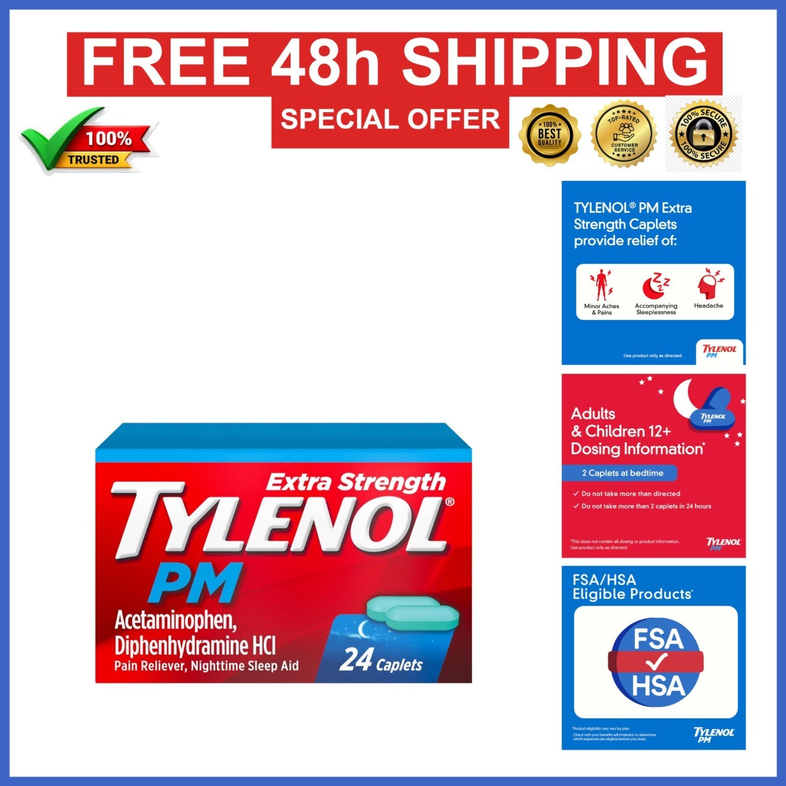 Tylenol PM Extra Strength Nighttime Pain Reliever & Sleep Aid 24 ct