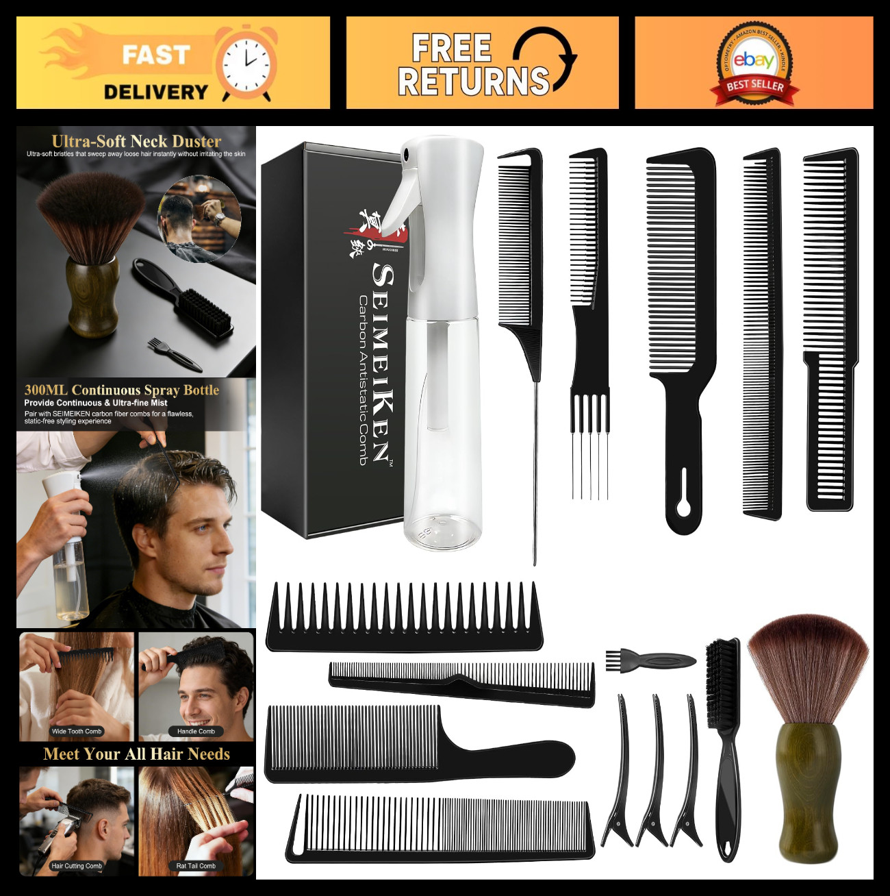 16 PCS Barber Comb & Brush Set, Carbon Fiber Rat Tail Comb, Spray Bottle, Neck D