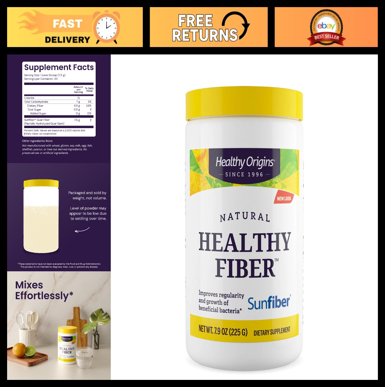 Fiber Powder Supplement 7.9 oz – Sunfiber PHGG for Digestive Health & Prebiotic