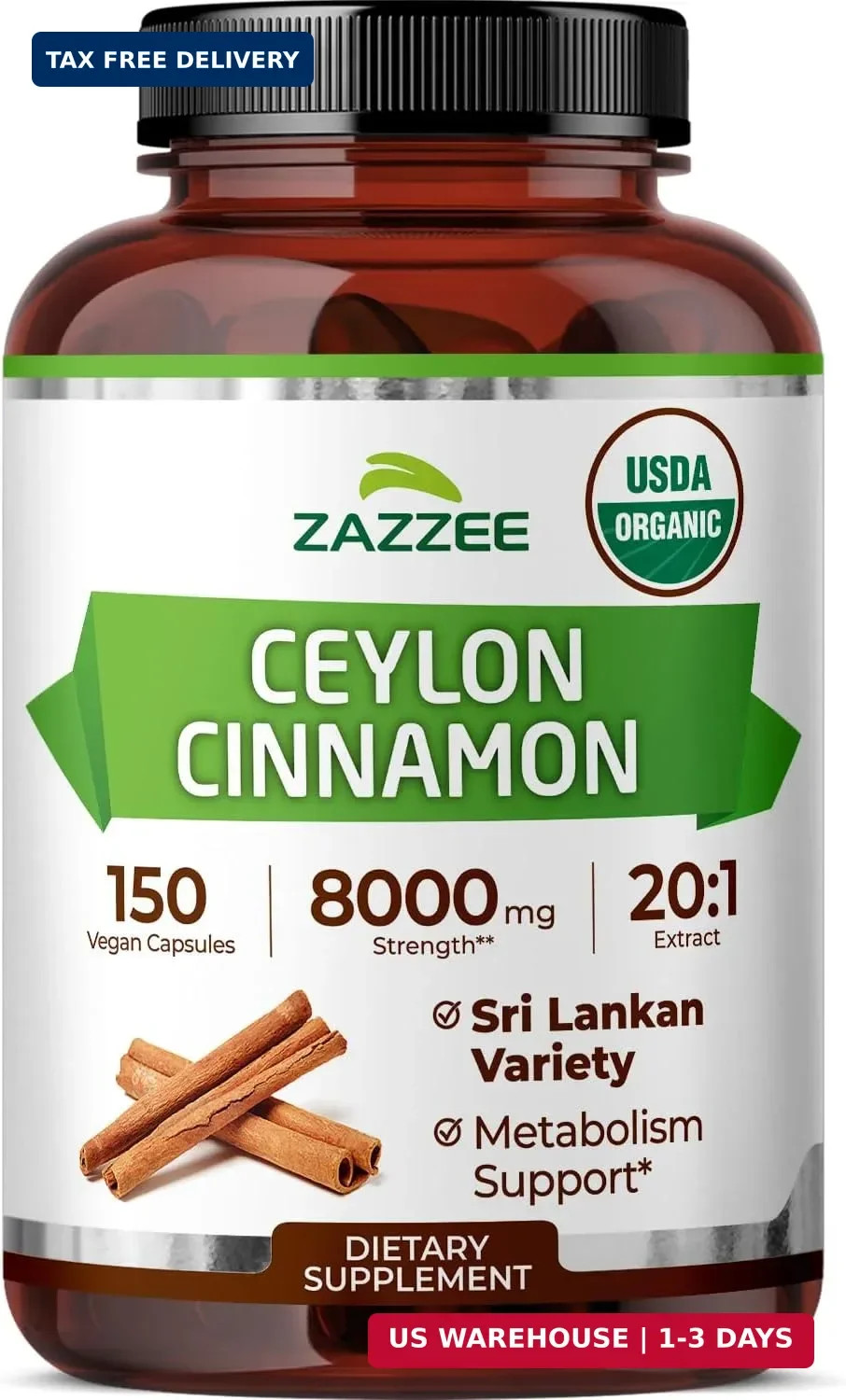 Zazzee USDA Organic Ceylon Cinnamon 20:1 Extract, 150 Vegan Capsules, 5 Month Su