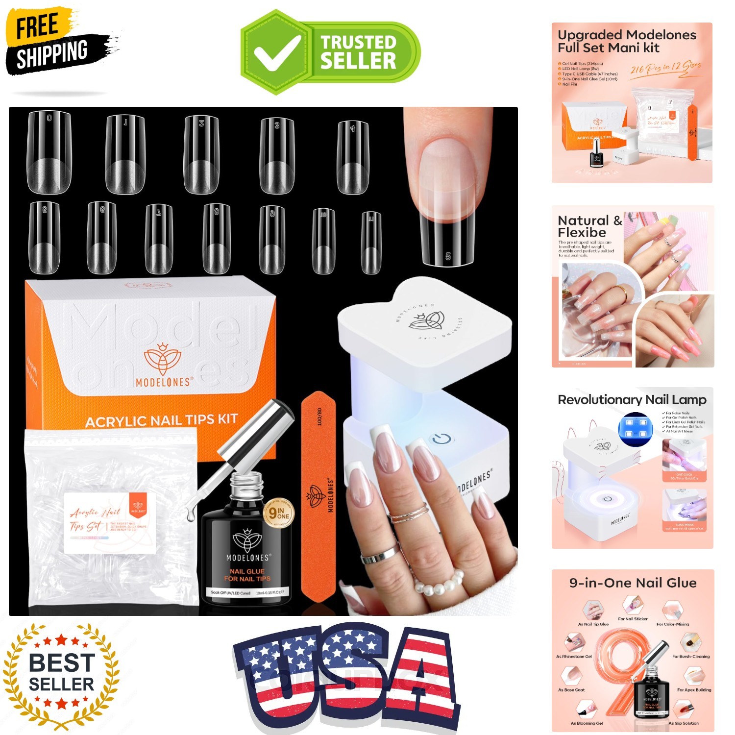 X Nail Gel Kit Medium Square, 9-in-One Nail Glue with Mini UV Light 216Pcs 12…