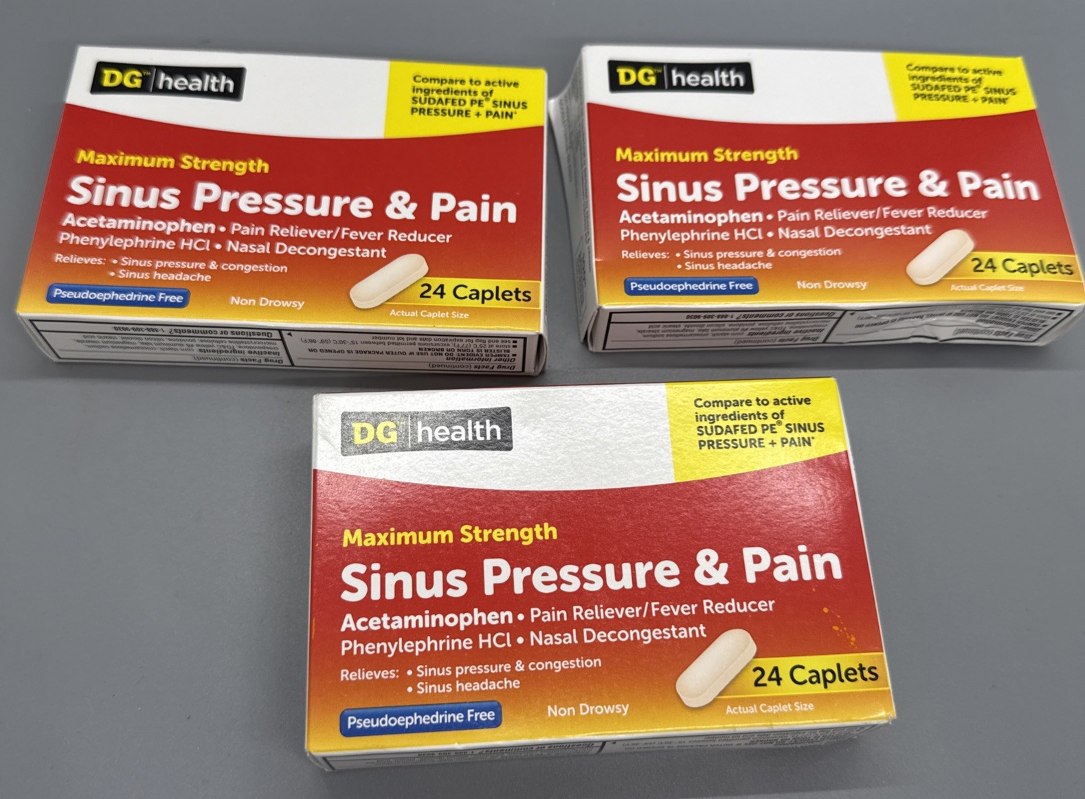 3 Pk DG HEALTH MAX STRENGTH SINUS PRESSURE AND PAIN RELIEF 72 CAPLETS EXP 06/28