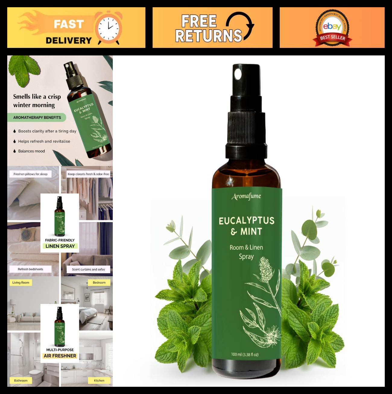 Eucalyptus & Mint Aromatherapy Room Spray – 100ml Linen & Pillow Mist, Essential