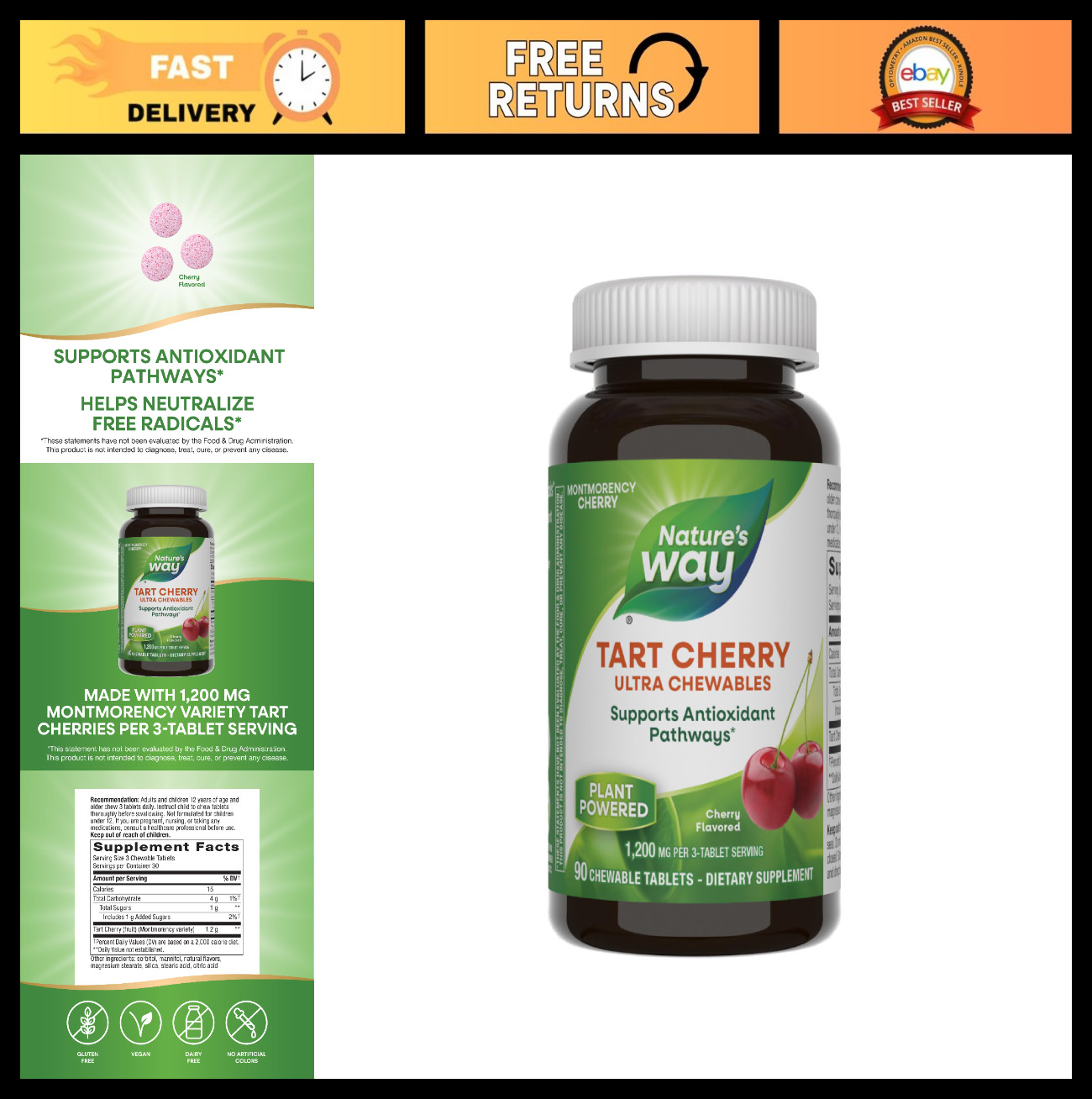 Tart Cherry Chewable Tablets 1200mg – 90 Count, Antioxidant Support, Vegan, Glut