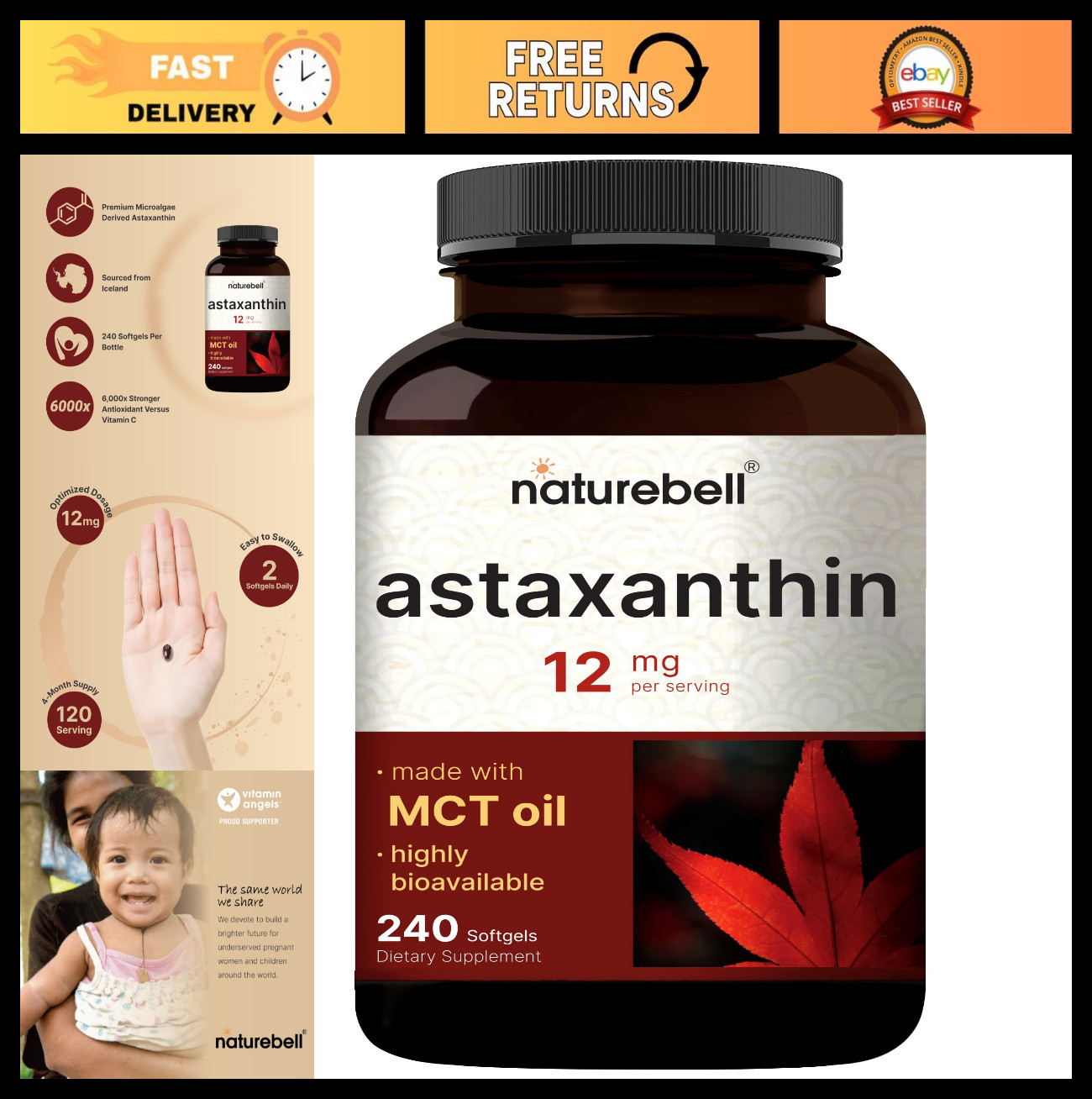 Maximum Strength Astaxanthin 12mg – 240 Softgels, Natural Antioxidant, Non-GMO,
