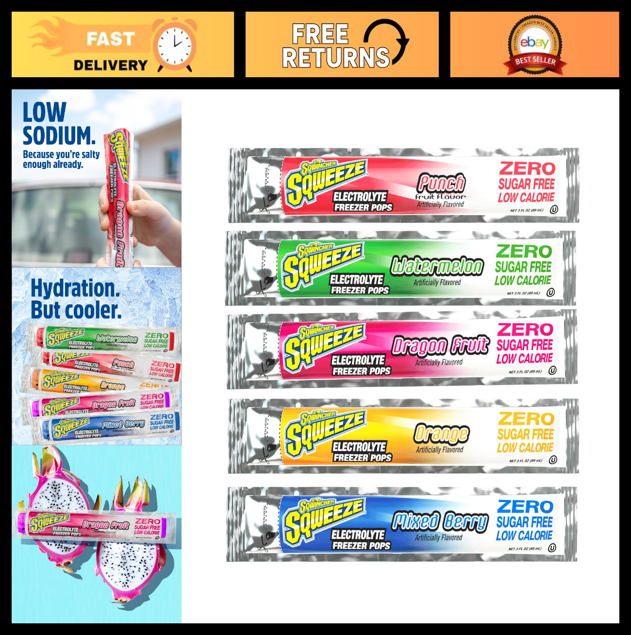 Zero Sugar Electrolyte Freezer Pops Variety Pack – 50 Pops, Hydration, Dragon Fr