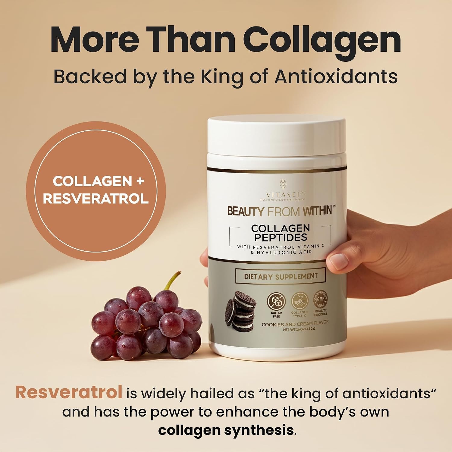 VITASEI Hydrolyzed Collagen Peptides Resveratrol Cookies & Cream 16oz BB 1/2028