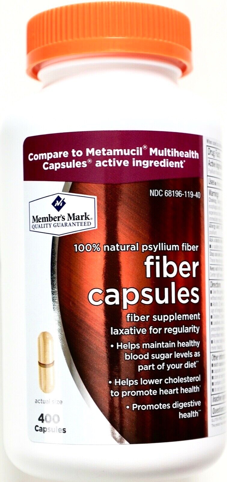 Member Mark Fiber Capsules 100% Natural Psyllium Husk, 400 Capsules Each Bottle