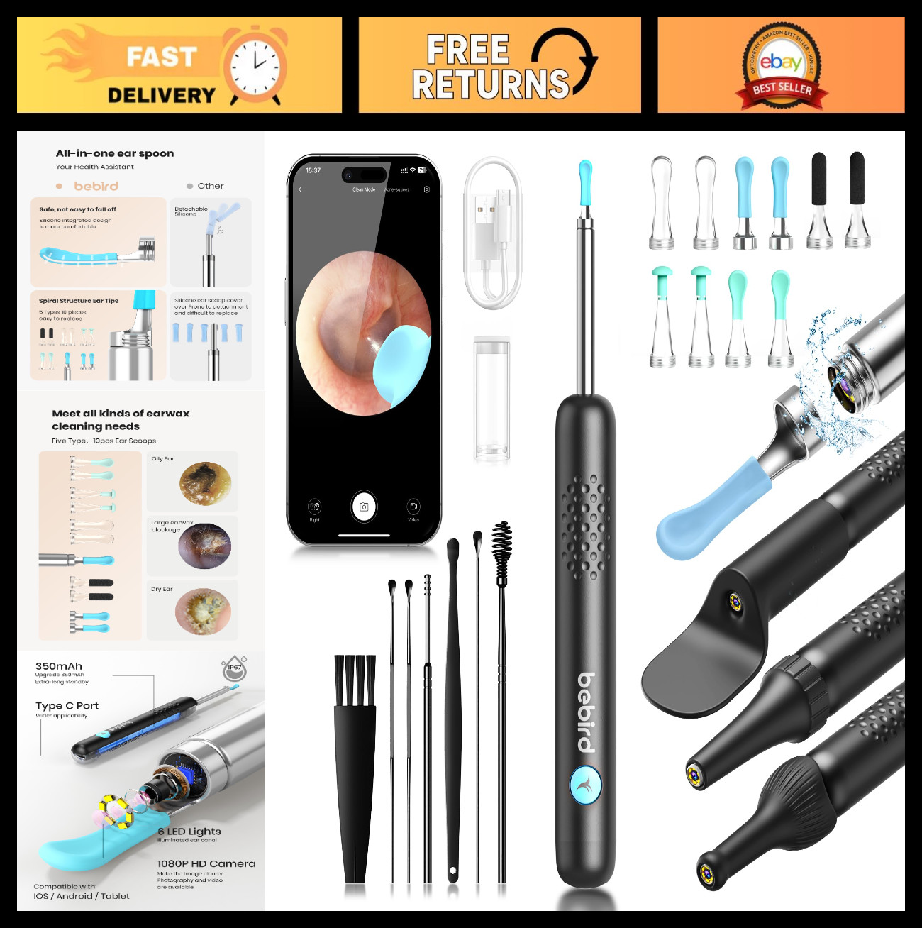 Ear Wax Removal Tool with 1080P Camera & LED Light – Spade Cleaner & Tips