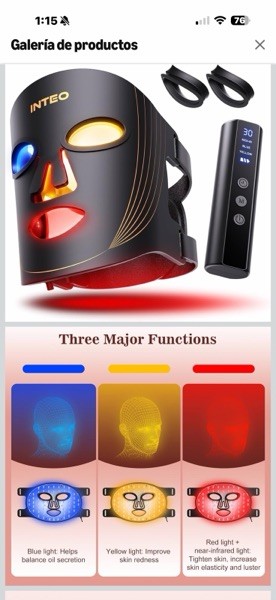 INTEO LED Light Therapy Face Mask w/ Controller, 3 Modes Red Blue Yellow, Black