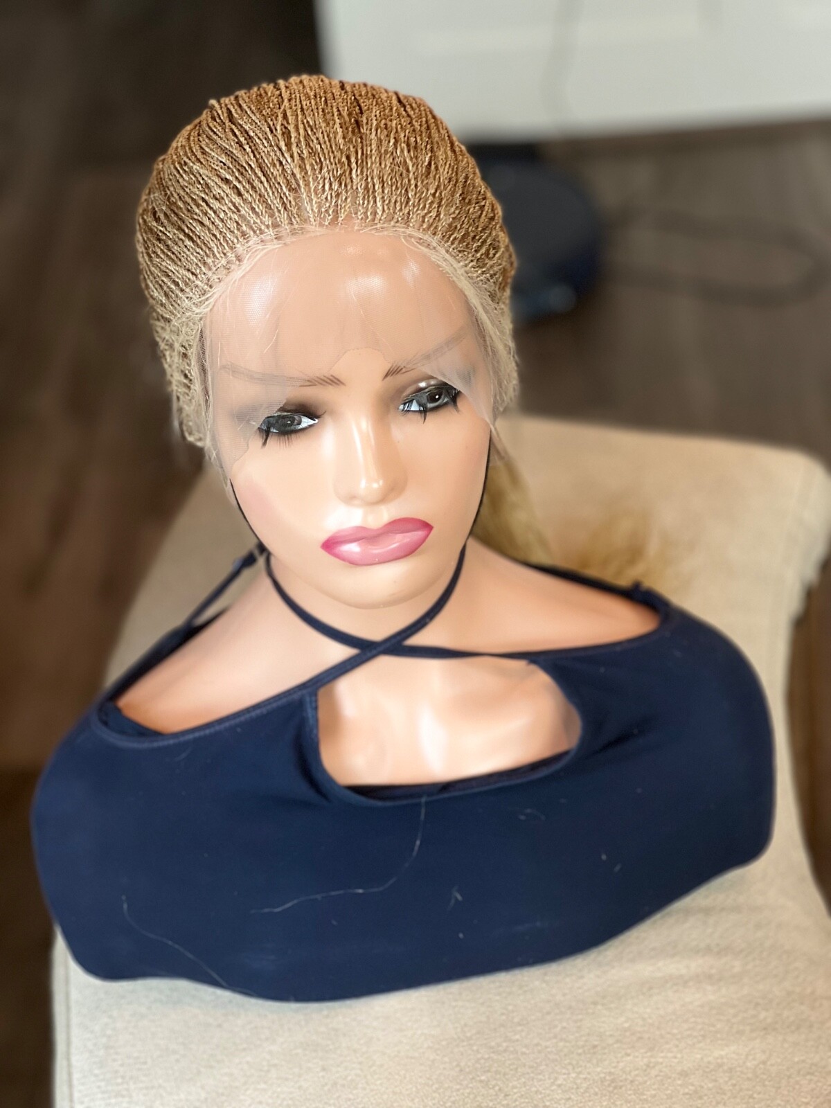 BRAIDED MICRO TWIST WIG . Made on a full lace wig.length is 26 Golden blonde.