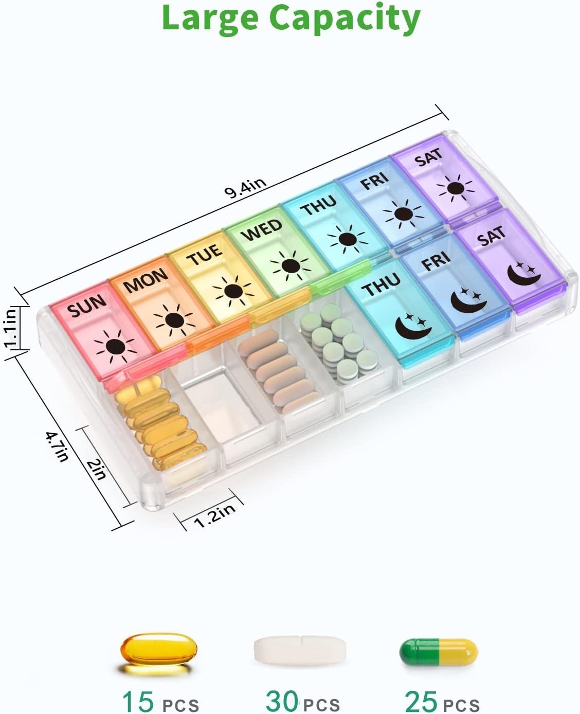 BPA-Free Extra Large Pill Organizer – Portable 14 Compartment Medicine Keeper
