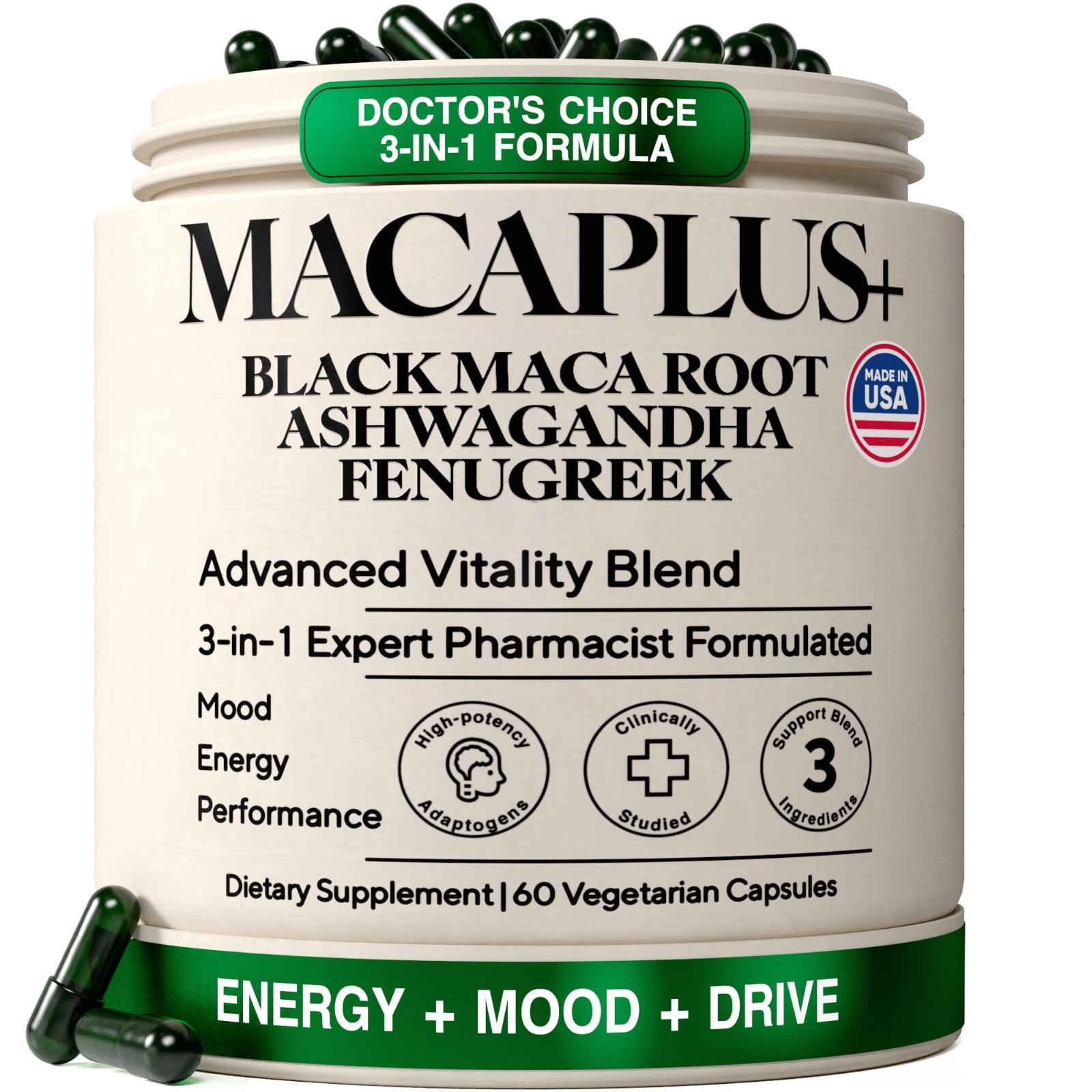 Organic Black Maca Root & Ashwagandha 60ct | Energy, Stamina, Mood Booster, Test
