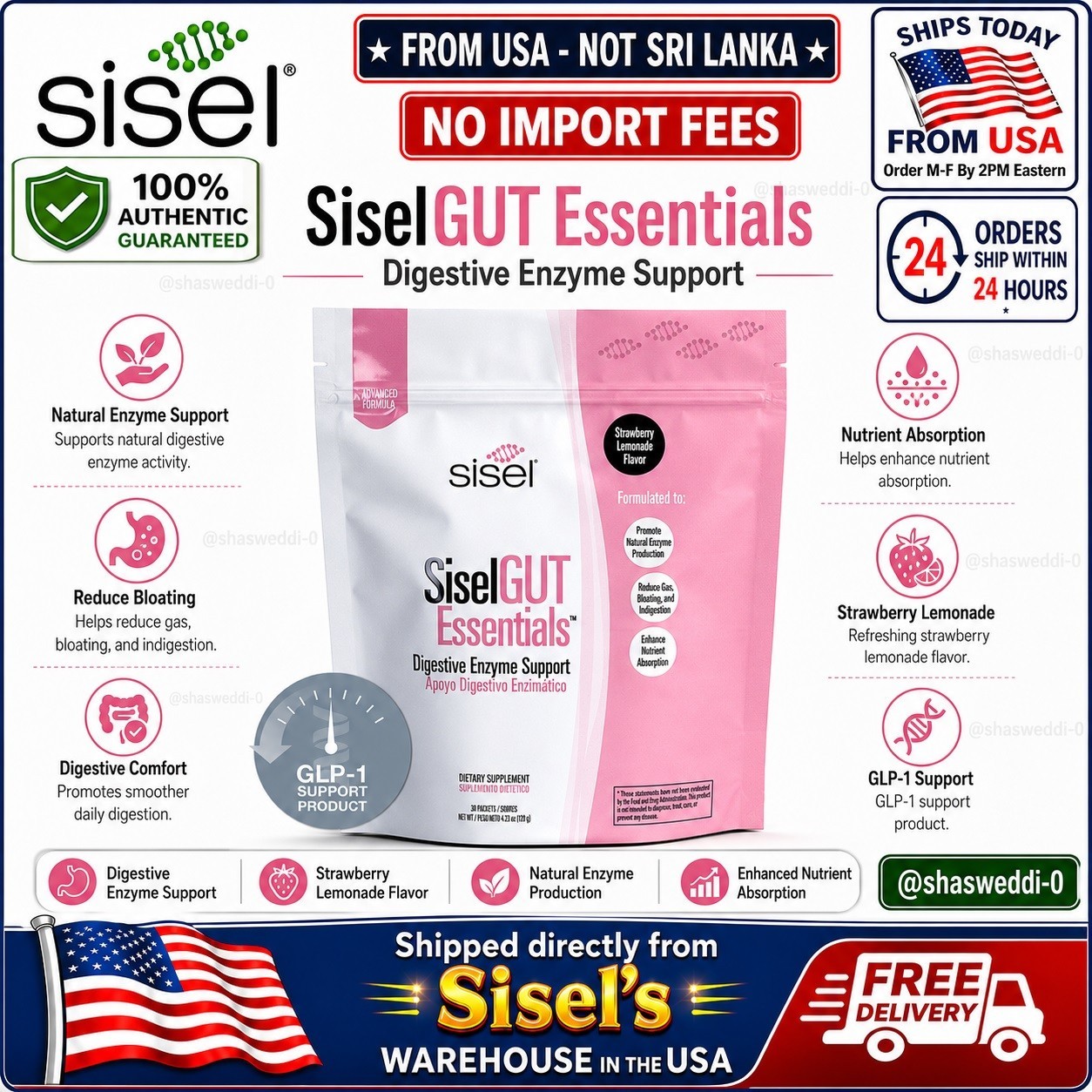SiselGUT Digestive Enzyme Support Strawberry Lemonade Powder 30 Packets NIB🔥