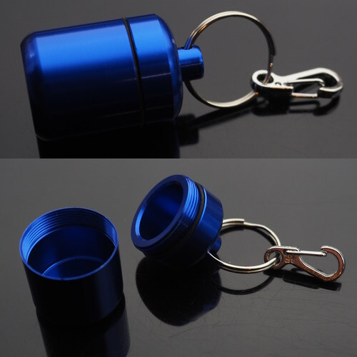 2 PCS Waterproof 1″ Wide Pill Capsule Bottle Keychain & Clip – Silver & Blue