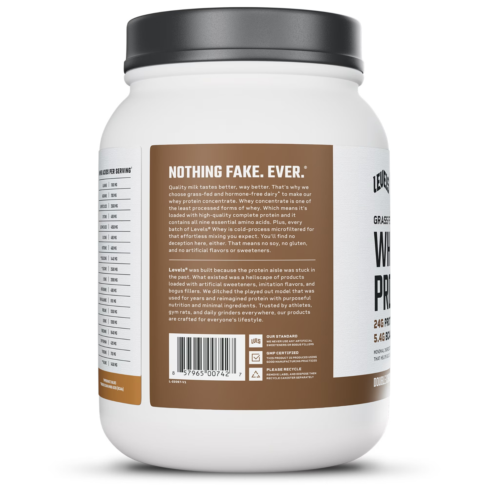 Levels Grass Fed Whey Protein Powder, Double Chocolate, 24g Protein, 1.48 lb