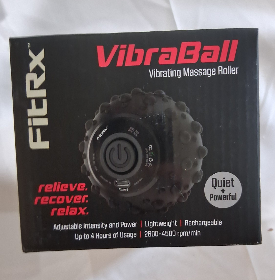 FitRx VibraBall Vibrating Rechargeable Massage Ball Roller, Black 4.5 in
