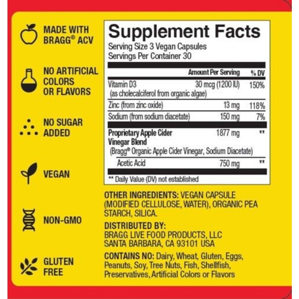 Bragg Apple Cider Vinegar Immune System Support Vitamin D3 Zinc 90 Capsules