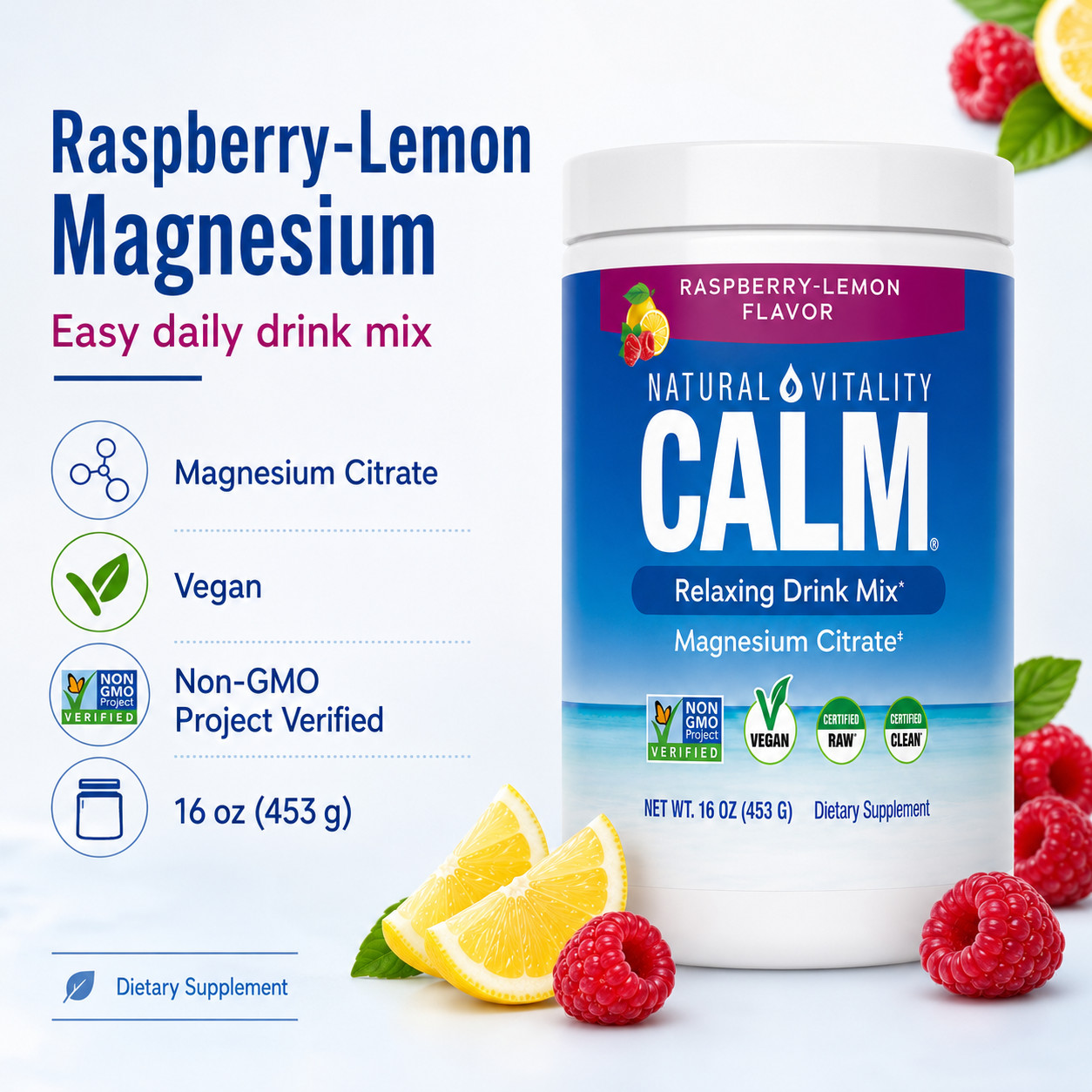 Natural Vitality CALM Magnesium Citrate Powder Drink Mix Raspberry Lemon 16oz