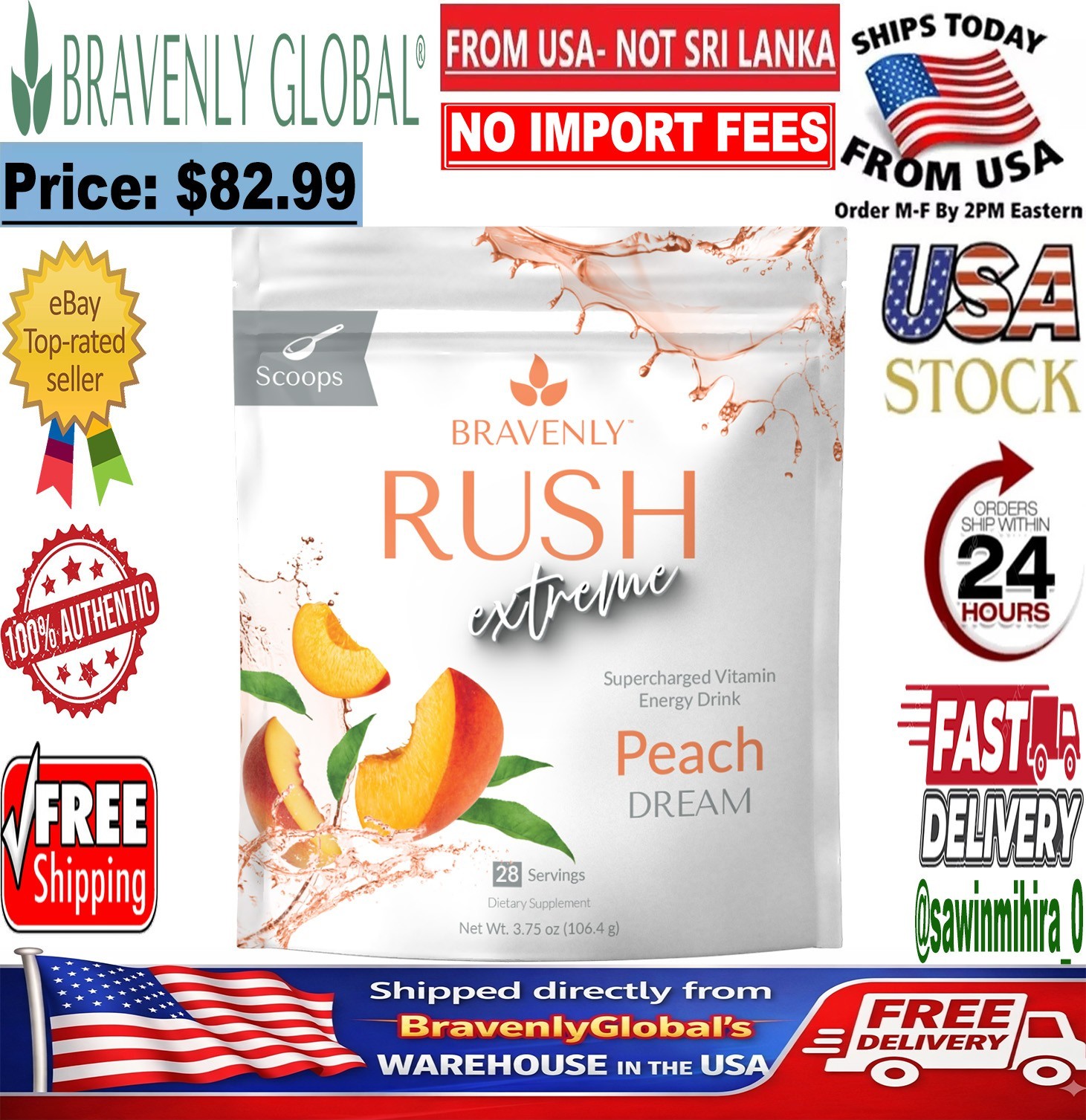 Bravenly Rush Extreme Peach Dream Energy Drink Focus Nootropic Mix 28 Servings🔥