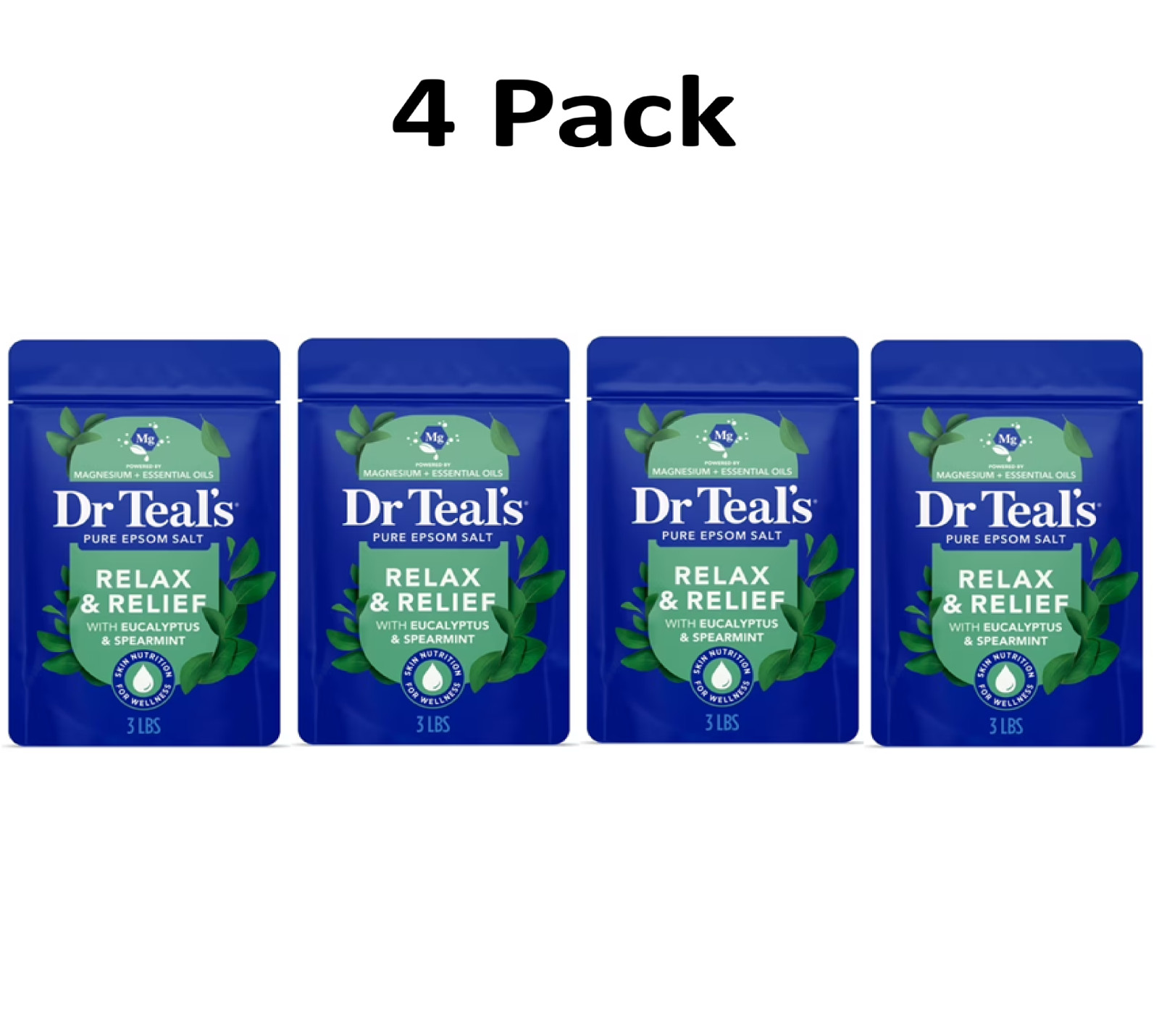 Dr Teal’s Pure Epsom Salt Soaking Solution, Relax & Relief with Eucalyptus 4Pack