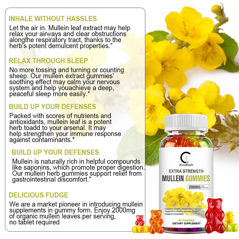 3pcs Organic Mullein Leaf Gummies 60PCS 2000mg,Herbal Natural Dietary Supplement