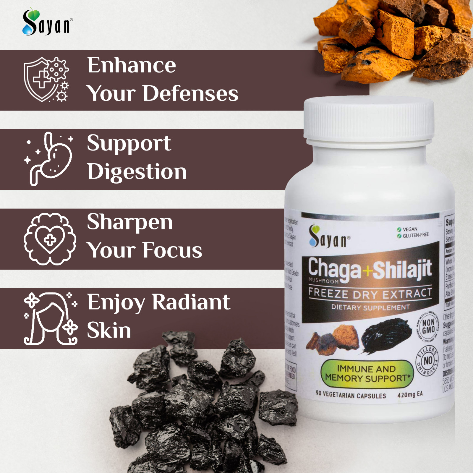 Chaga Mushroom & Shilajit Supplement 90 Caps Siberian Natural Immune Support